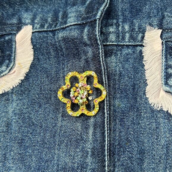 Vintage Life Style Jacket Women L Boho Blue Denim Floral Jewel Button Fringe 90s - Picture 10 of 14